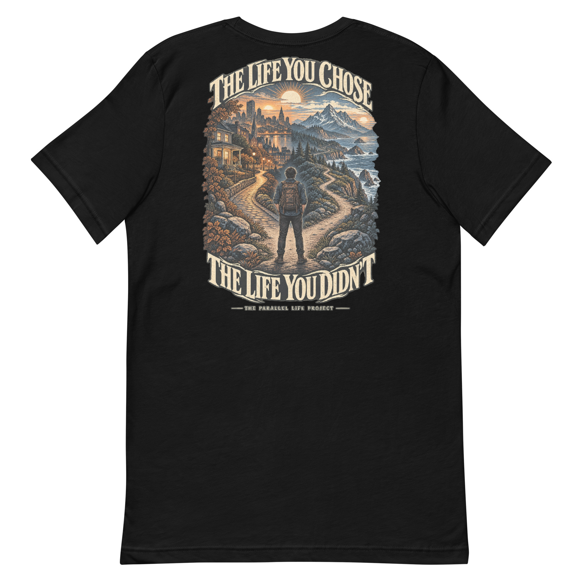 black unisex T-shirt, back view