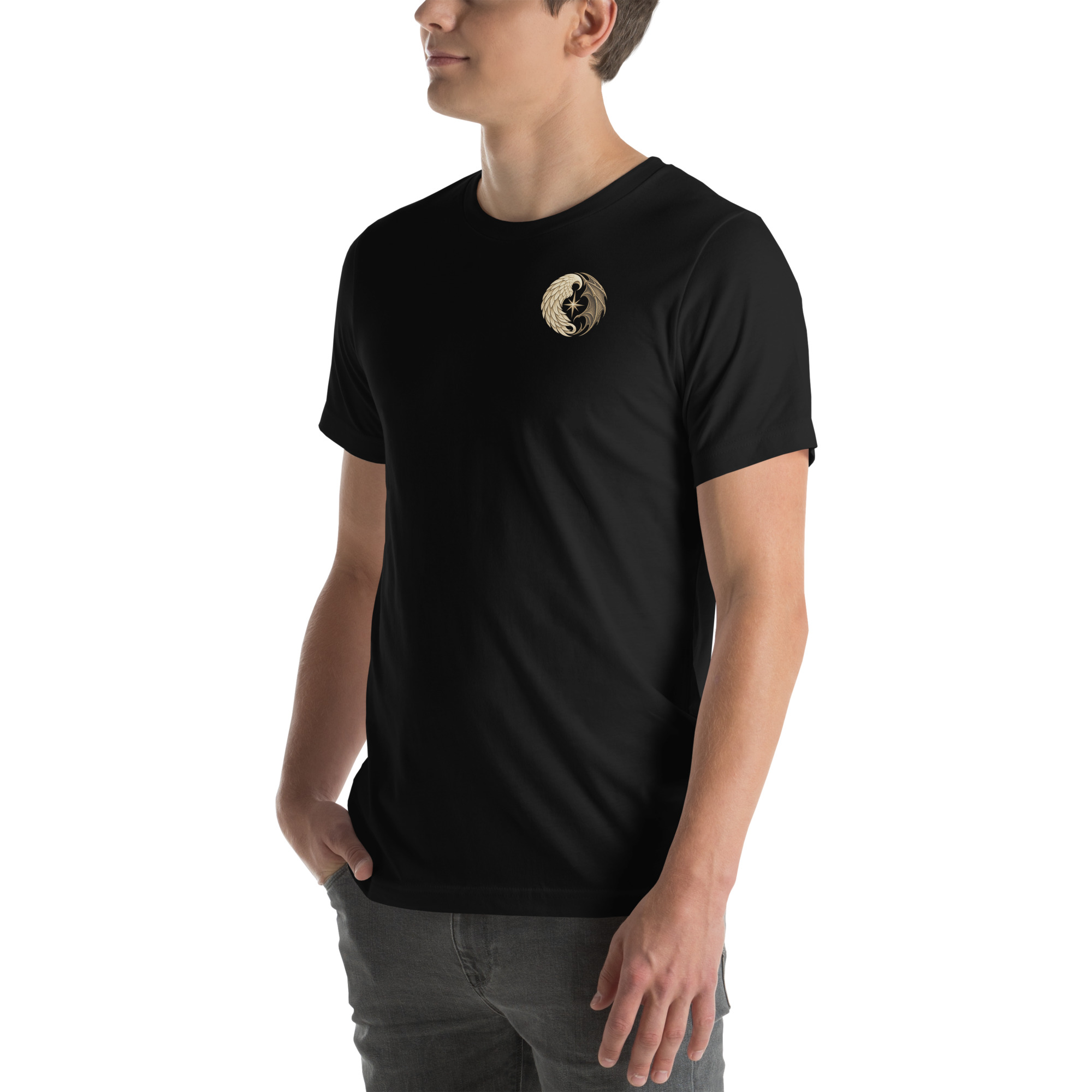 Black unisex T-shirt, left front view