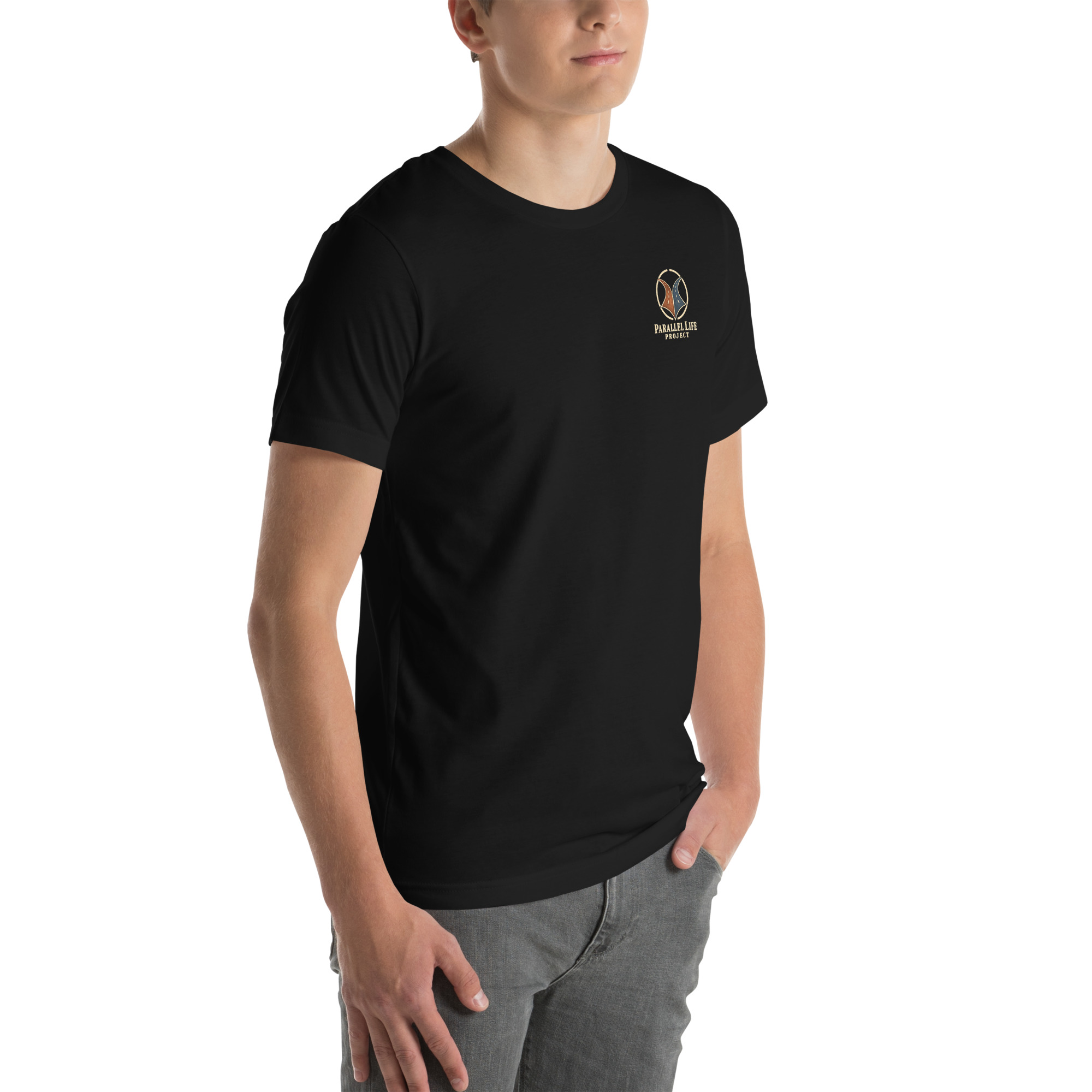 Black unisex T-shirt, right front view