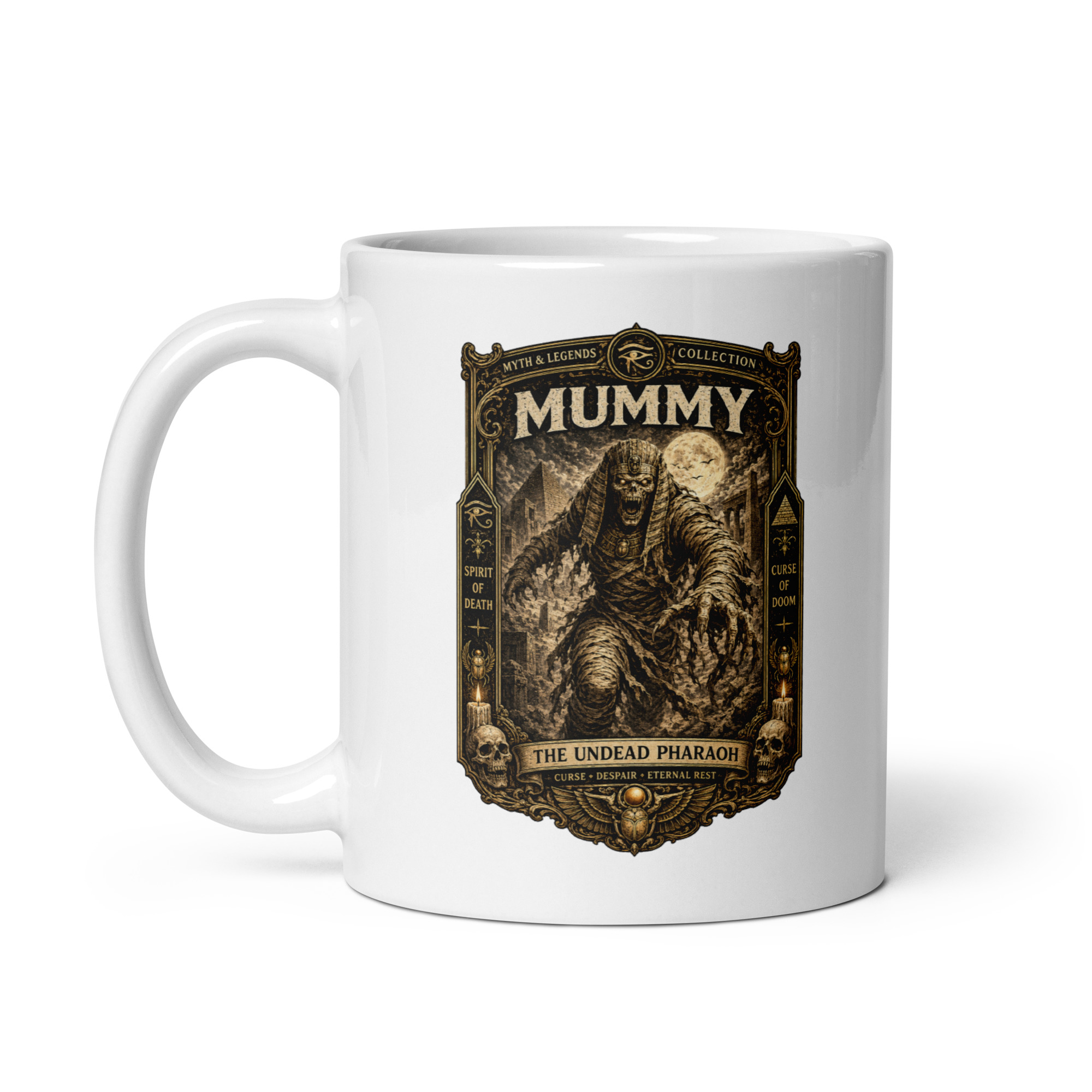 White 11 oz mug with original Mummy artwork and handle on the left