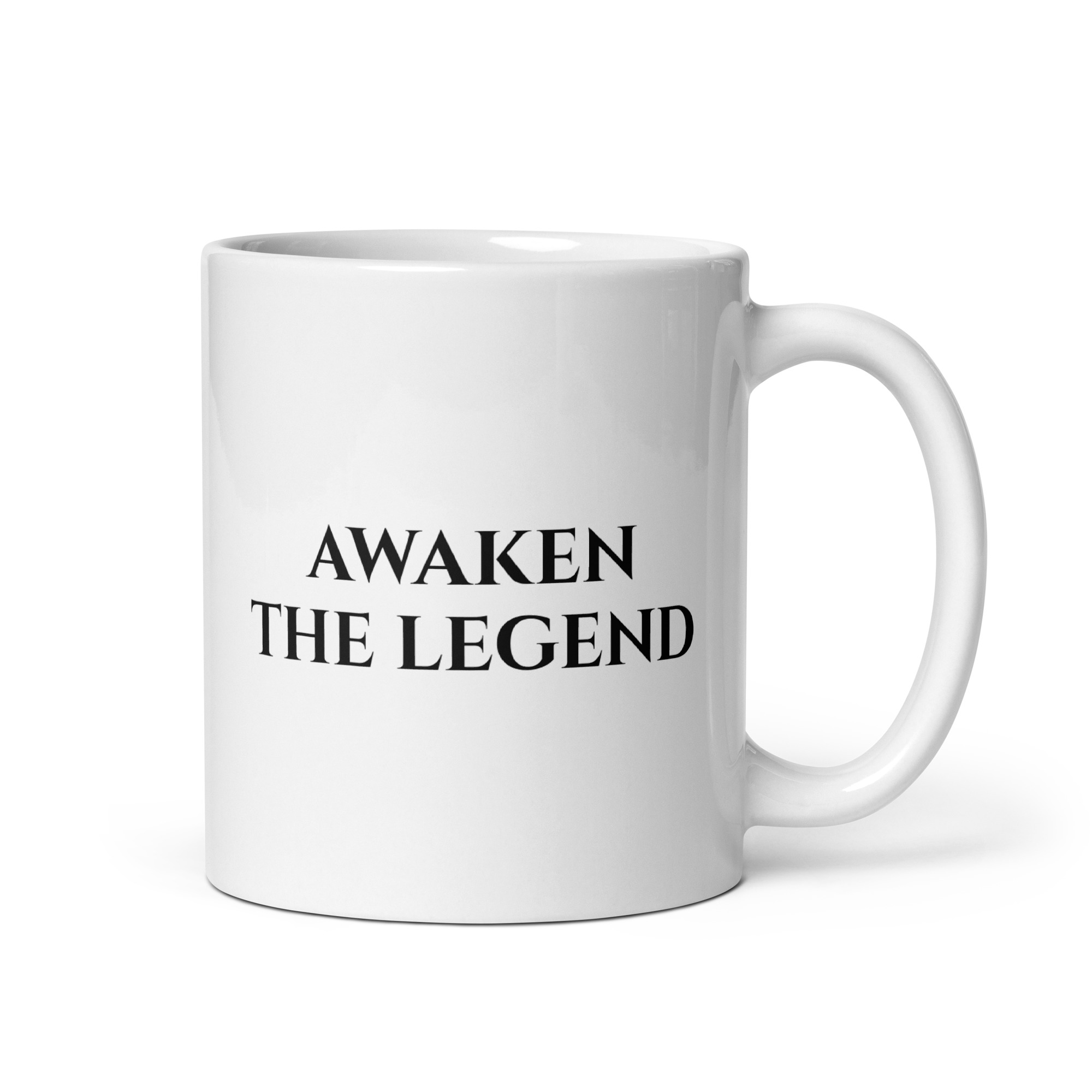 White 11 oz Mummy mug showing the Awaken the Legend saying